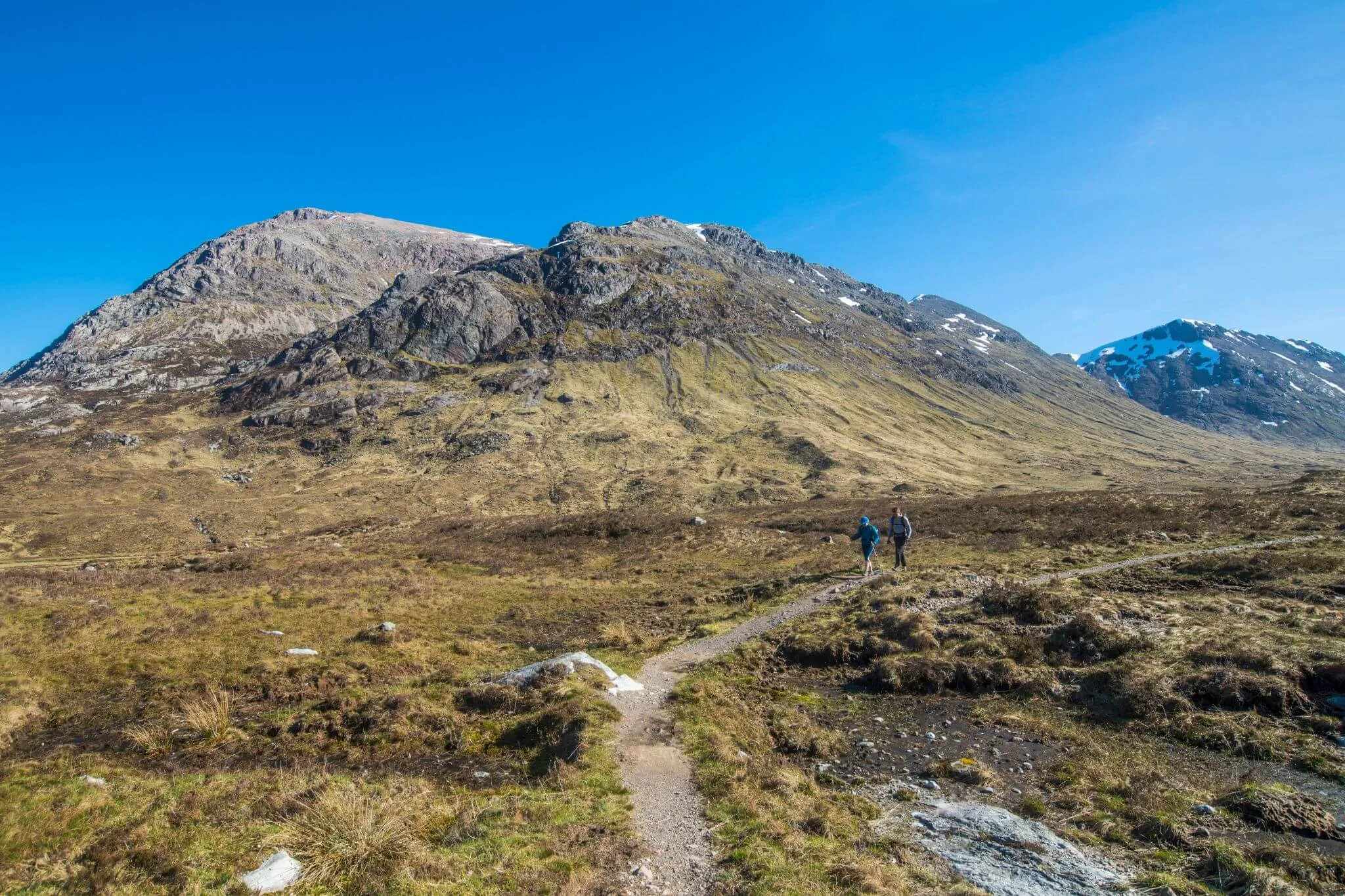 Hikers walking along the West Highland Way with stunning Highland scenery